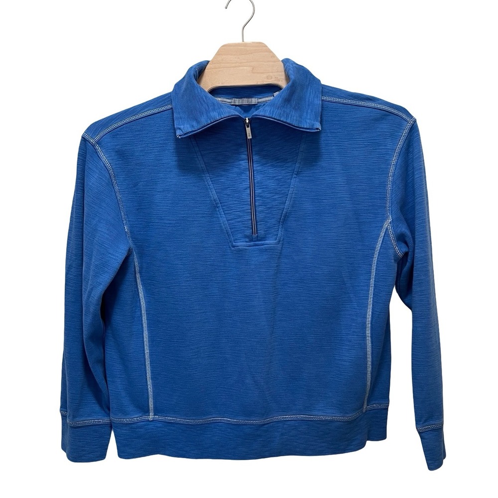 Tommy Bahama Mens XL Blue Slub Knit Quarter Zip Pullover Sweatshirt Pineapple